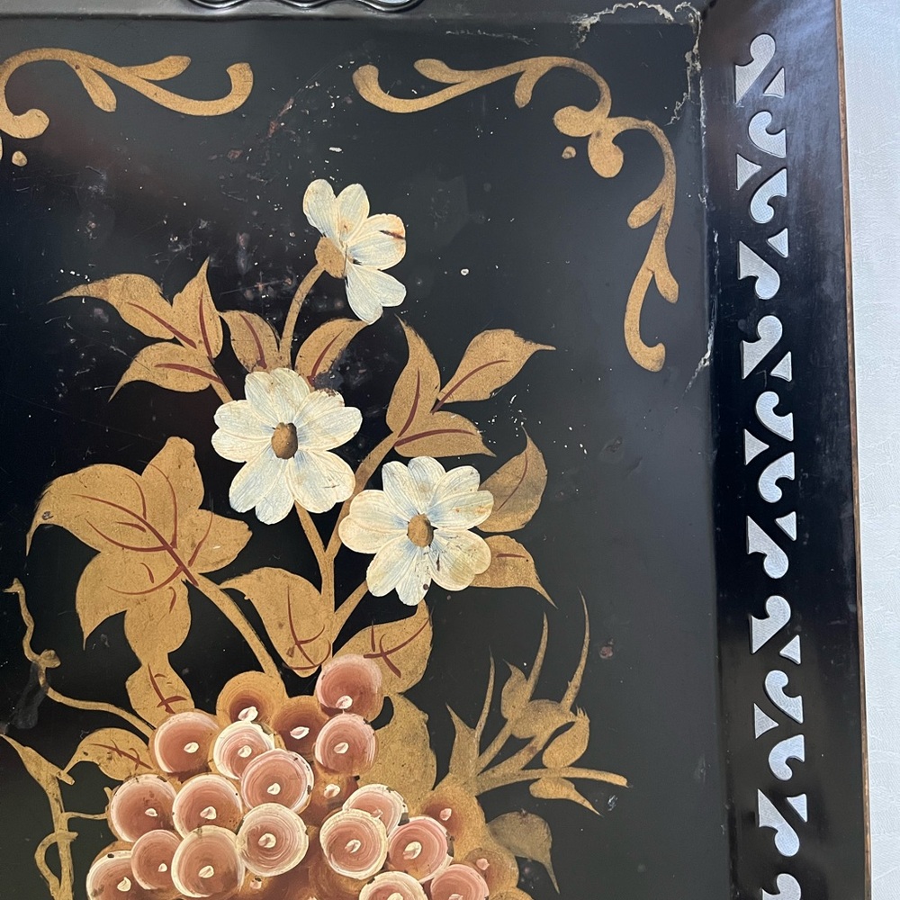 Vintage Nashco Hand Painted Metal Tole Tray Black Gold Grapes/Flowers 22.5 X 12